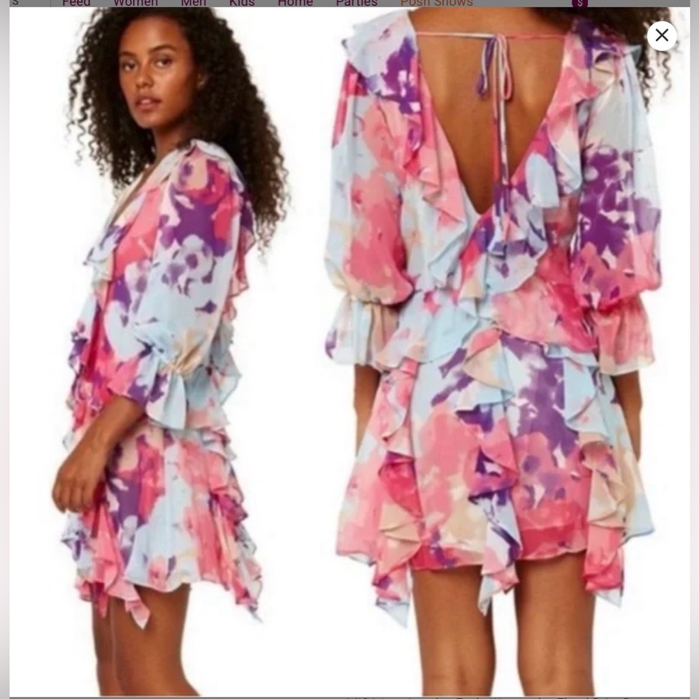 Misa Los Angeles Pink Purple Blue Watercolor Ruffle Mini Dress